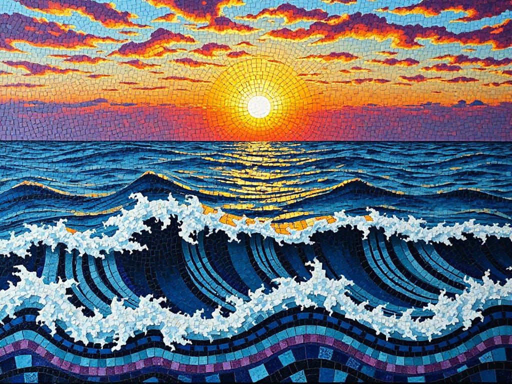 Mosaic Sunset Over the Sea: Kitsugi Wave Function