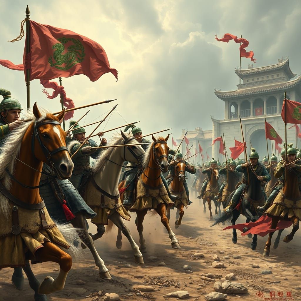 Mongol Horsemen Charge Fortress in Epic Battle Scene