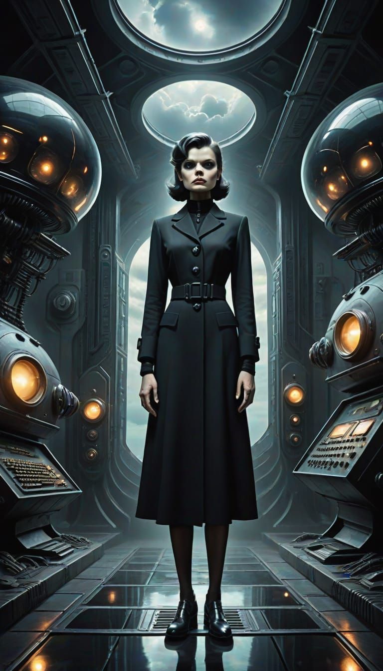 Woman in 1950s Futuristic Spy Base with UFOs