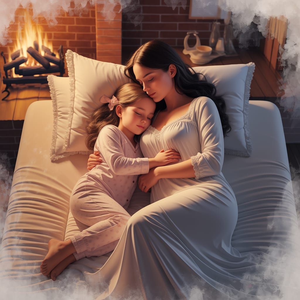 Little Girl Enjoys Cozy Moment with Mother by the Fireplace