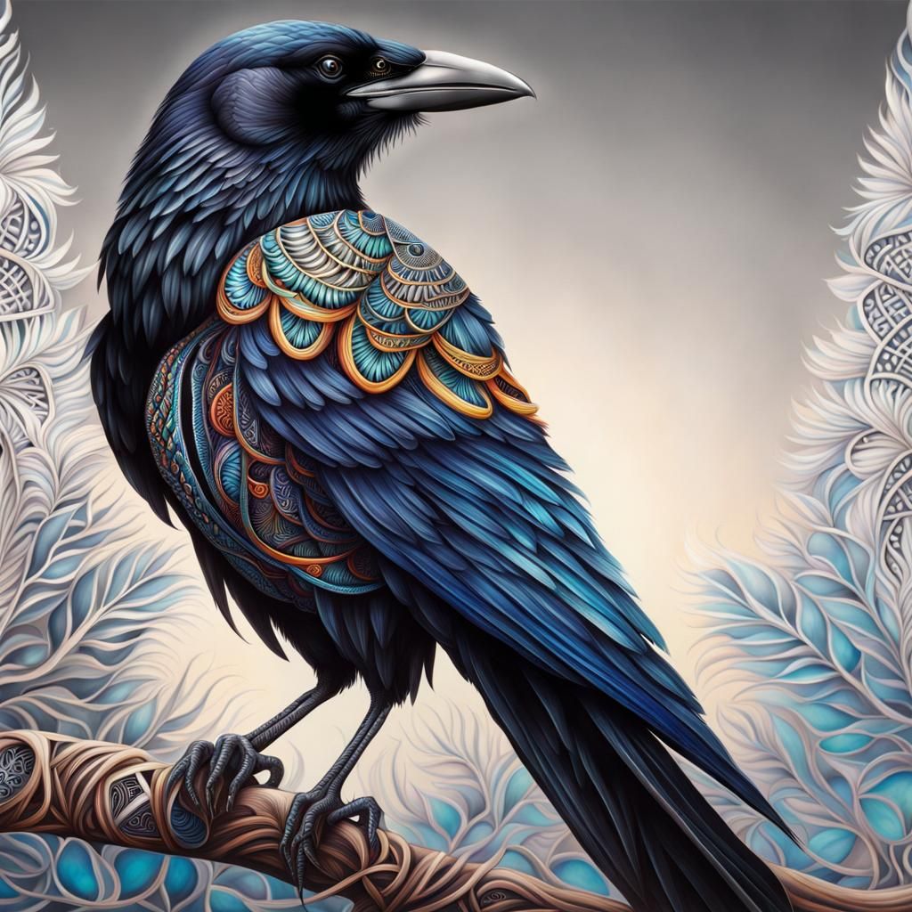 Magnificent Zentangle Crow in Detailed Airbrush Painting