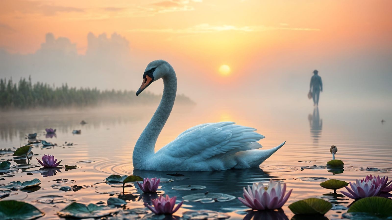 Ethereal Morning Swans in Astral Cosmic Lake