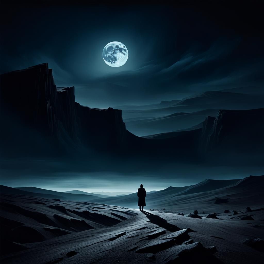 Eerie Surrealism: Lone Figure in Moonlit Landscape