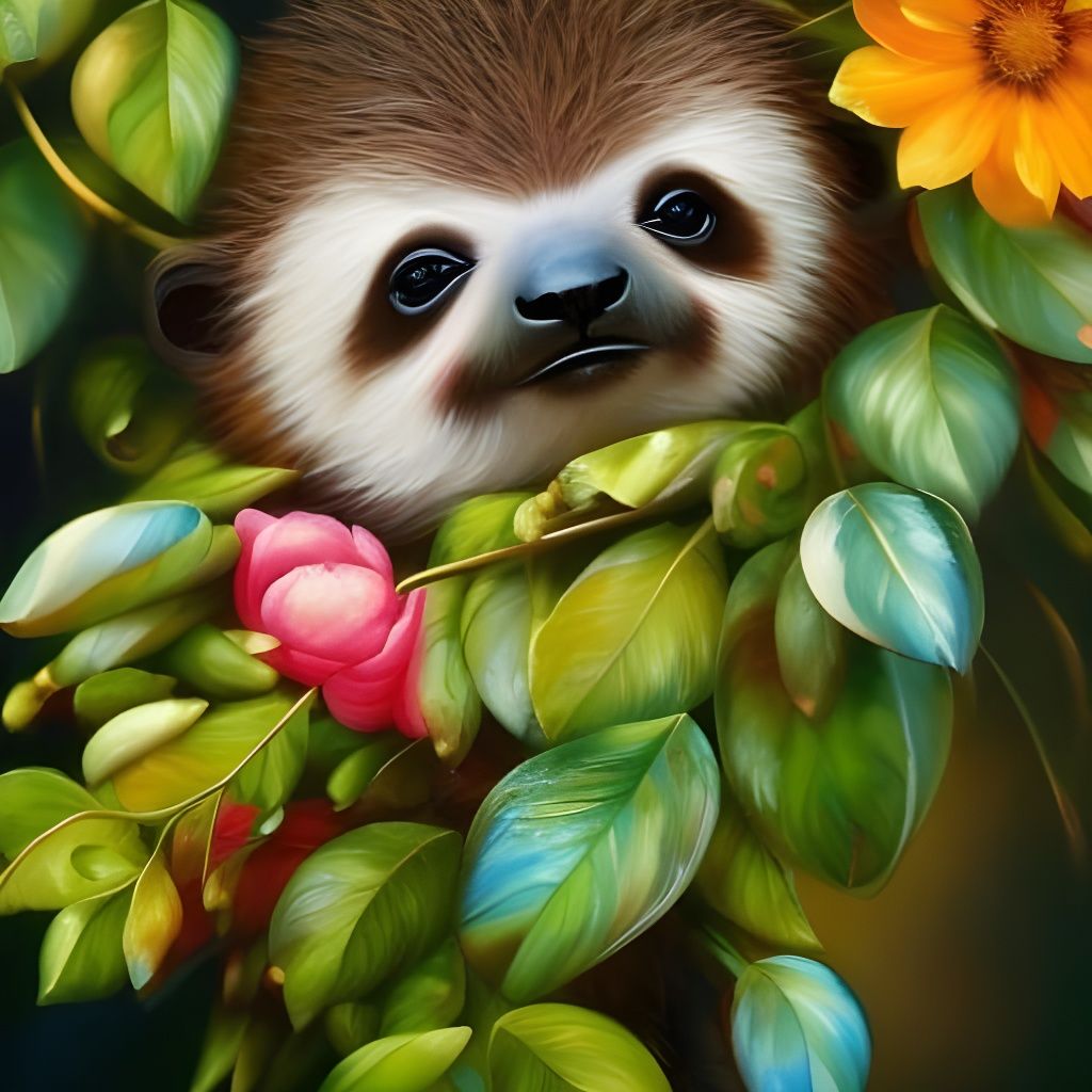 Baby Sloth with Colorful Flowers: Ultra-Detailed Polychromat...