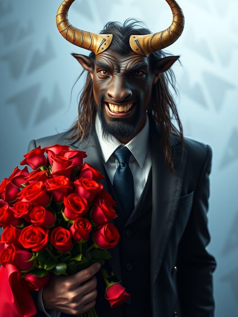 Minotaur in Business Suit with Roses