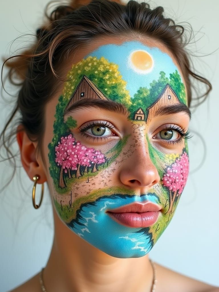 Village Scene Splash Art on Woman's Face