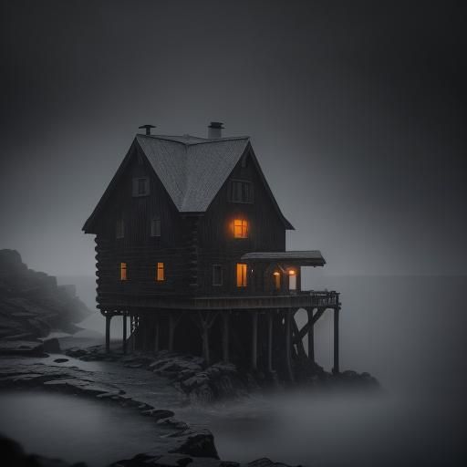 Ominous Icy Cabin on Cliff in Fog