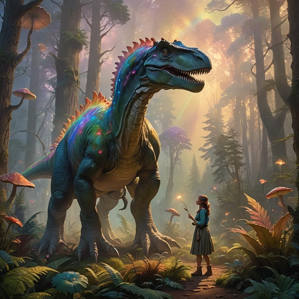 Ethereal Female Dinosaur in Mystical Forest