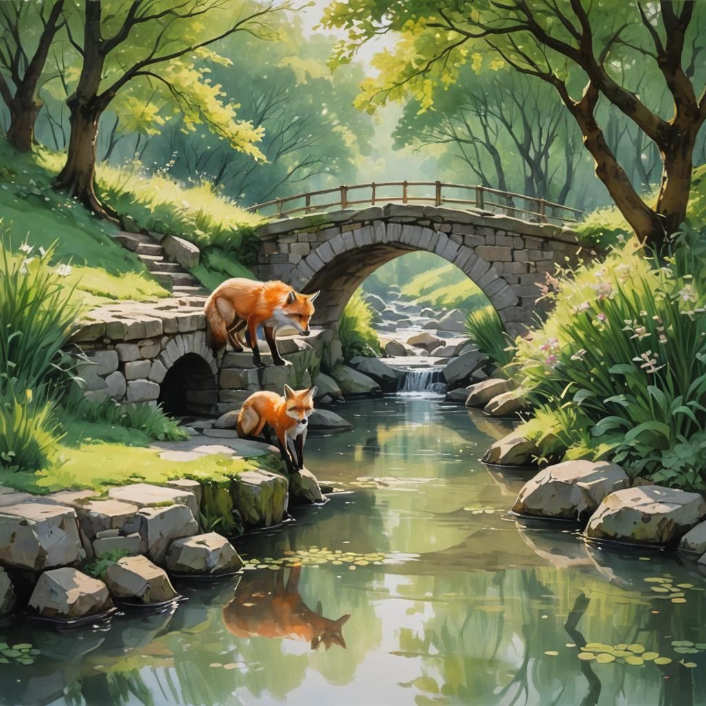 Fox Drinking by River Under Stone Bridge