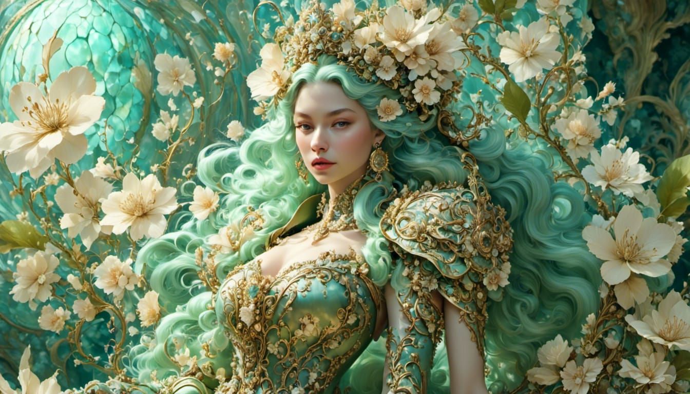 Green tea goddess circled by flowers