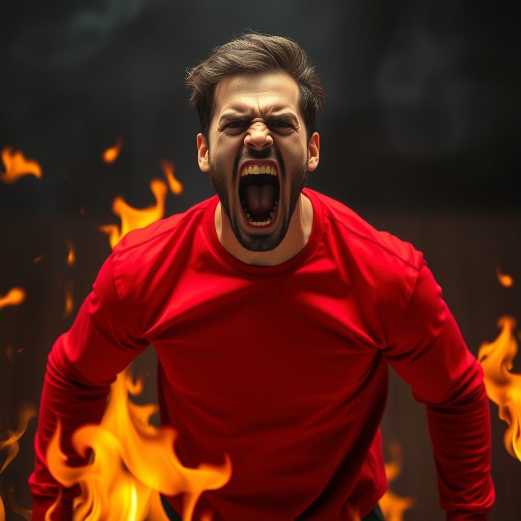 Angry Man Surrounded by Flames of Fire
