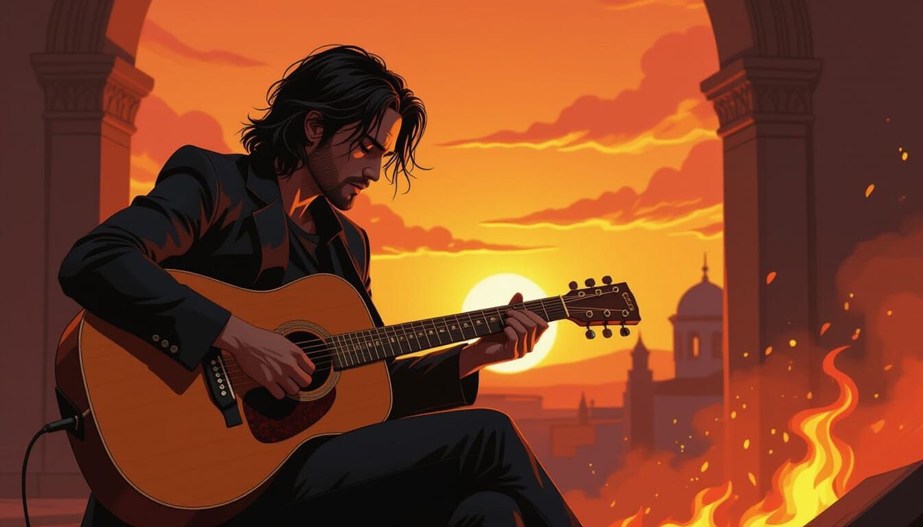 Musician Playing Guitar in Fiery Sunset, Digital Art