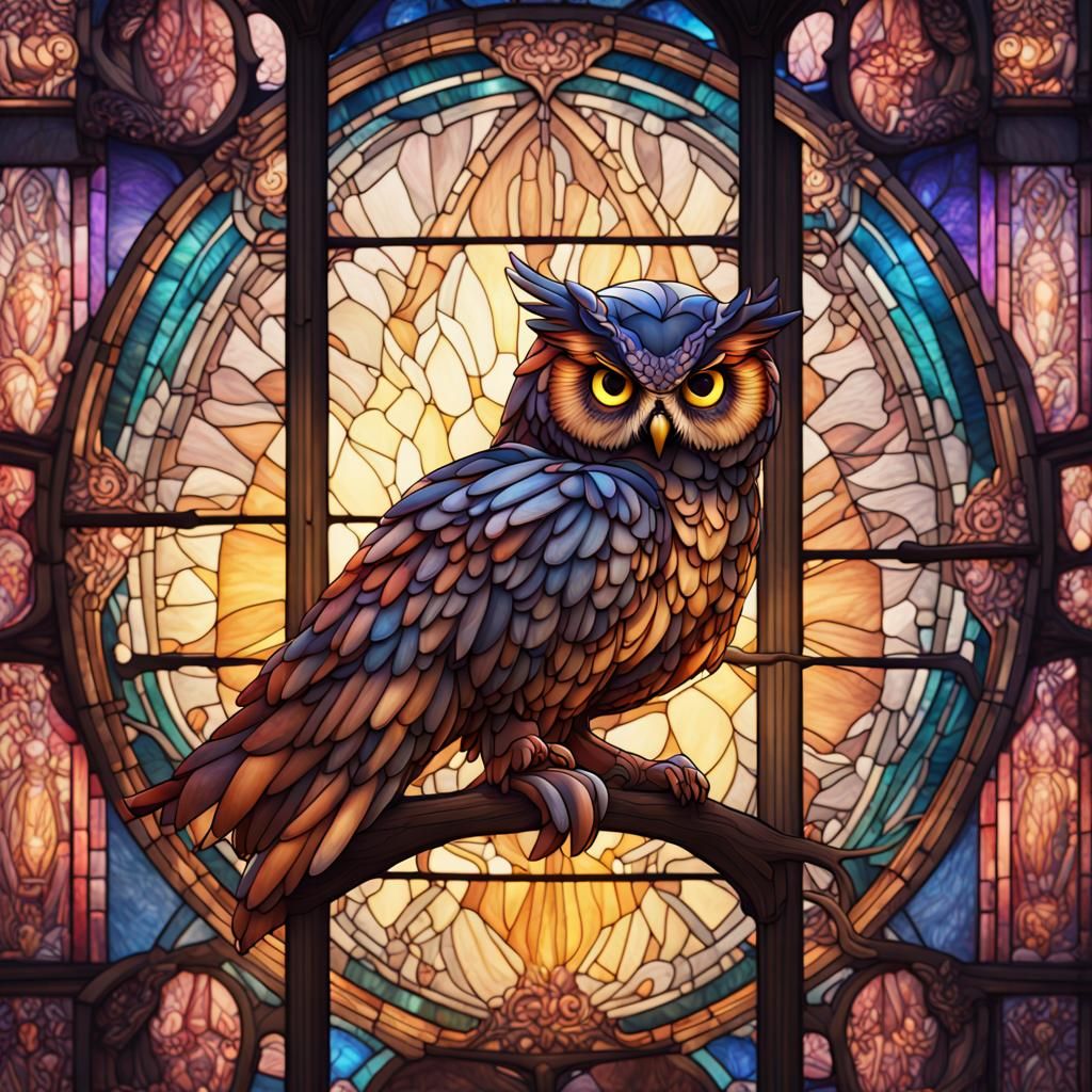 Stained Glass Owl in Detailed Matte Painting
