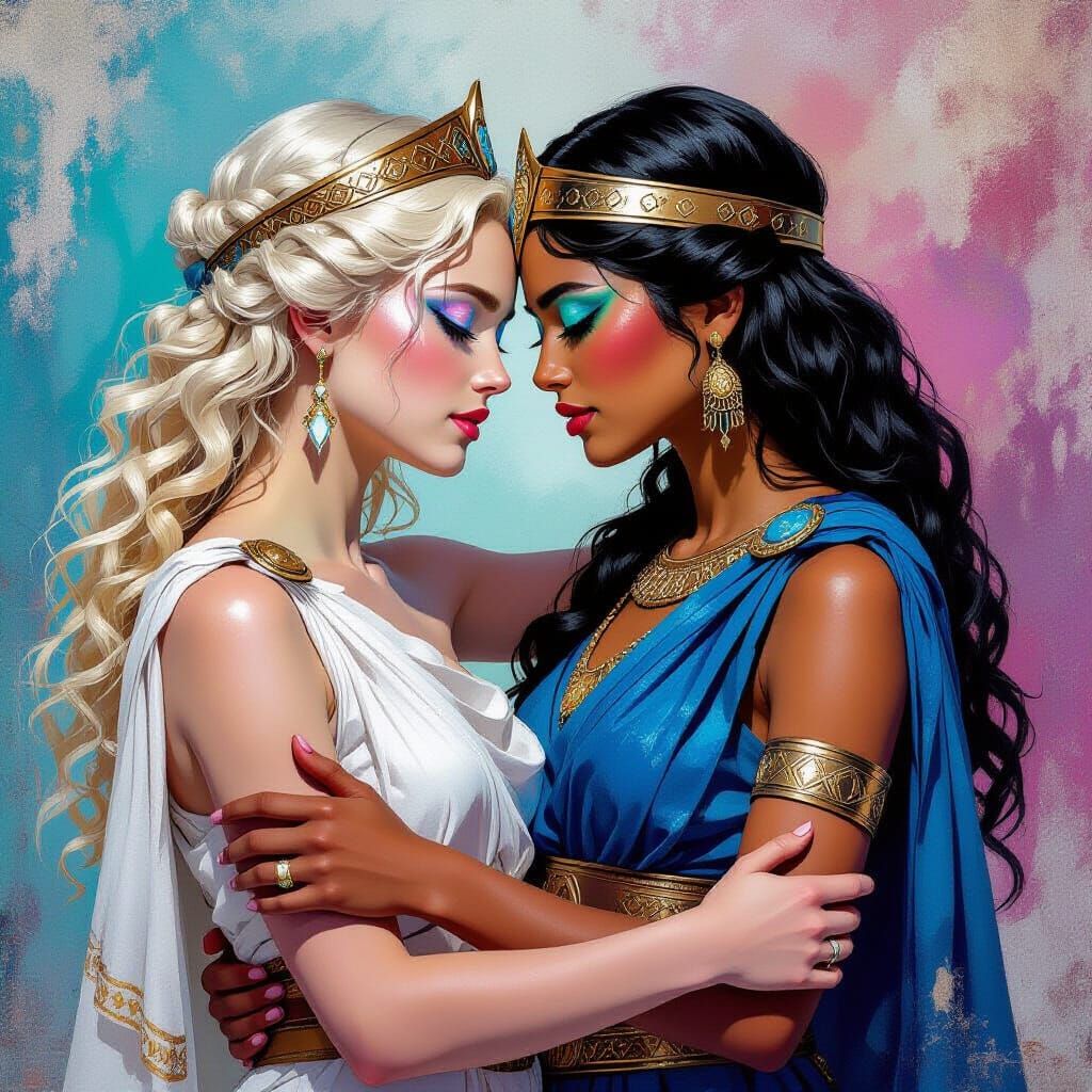 Goddesses Embrace in Vibrant Graffiti Art Style