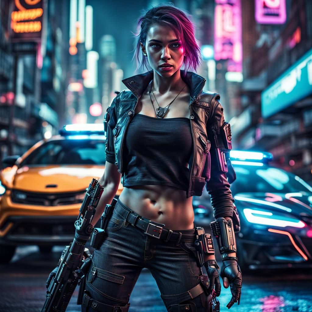 Cyberpunk Thief Evading Police in Neon City