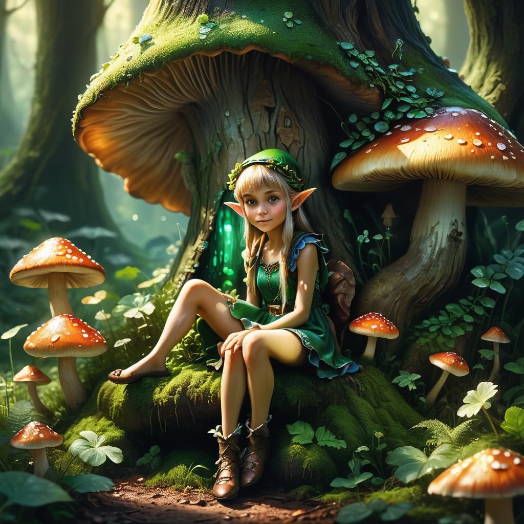 fairy elf sitting under a mushroom in a green wood