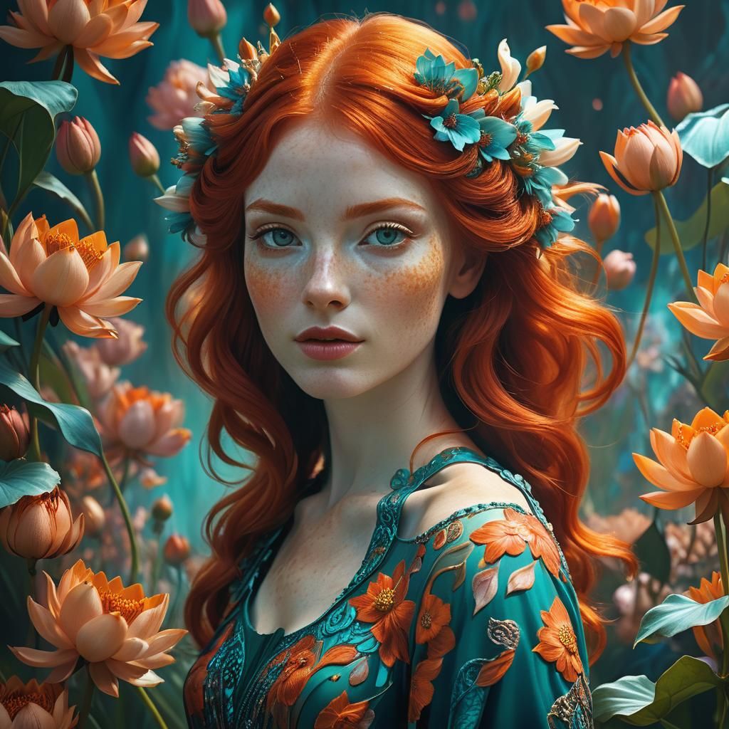 Redhead Girl Surrounded by Lotos Flowers: Fantasy Portrait