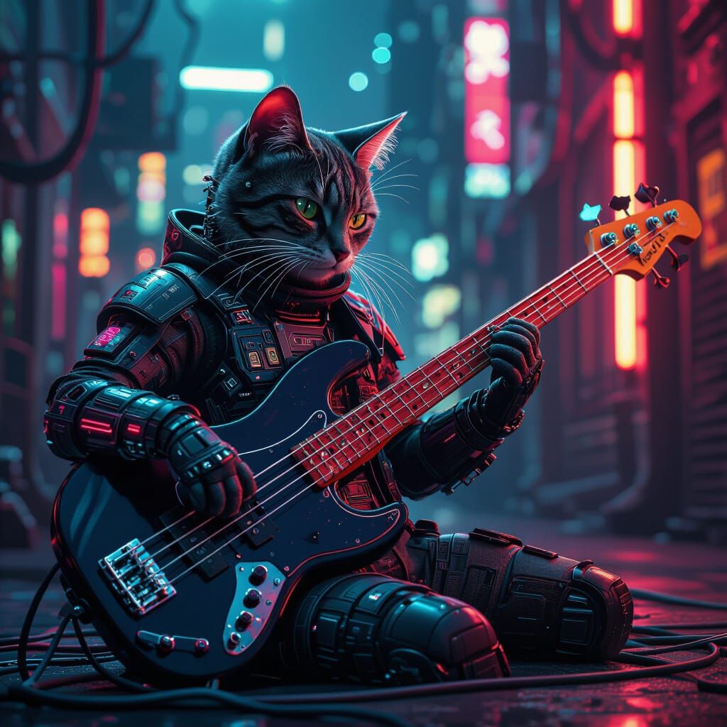 Cybernetic Cat Plays Bass in Dystopian Matrix