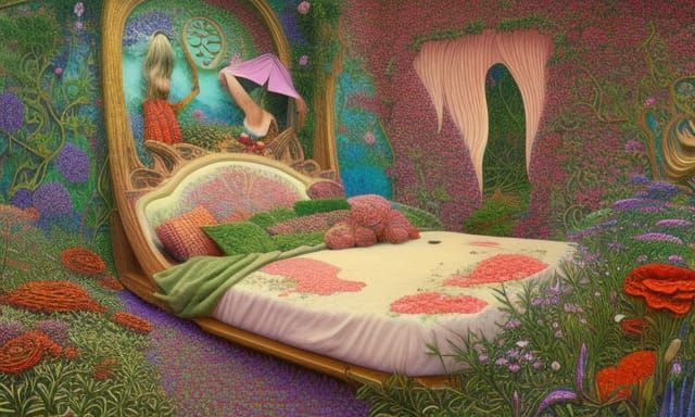 Woman in Surreal Flower Bed, Fairytale Digital Art