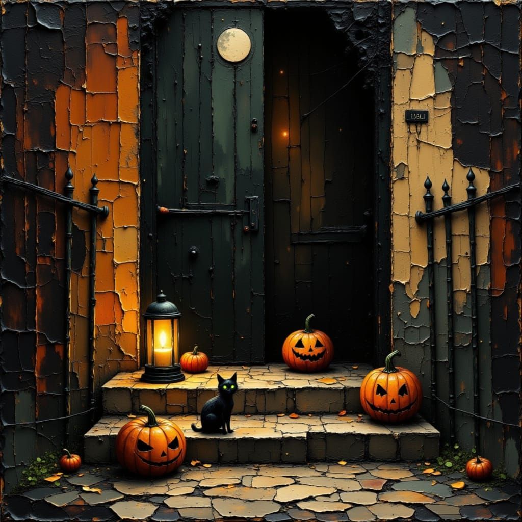 Victorian Jack-o'-Lantern on City Stoop with Black Cat