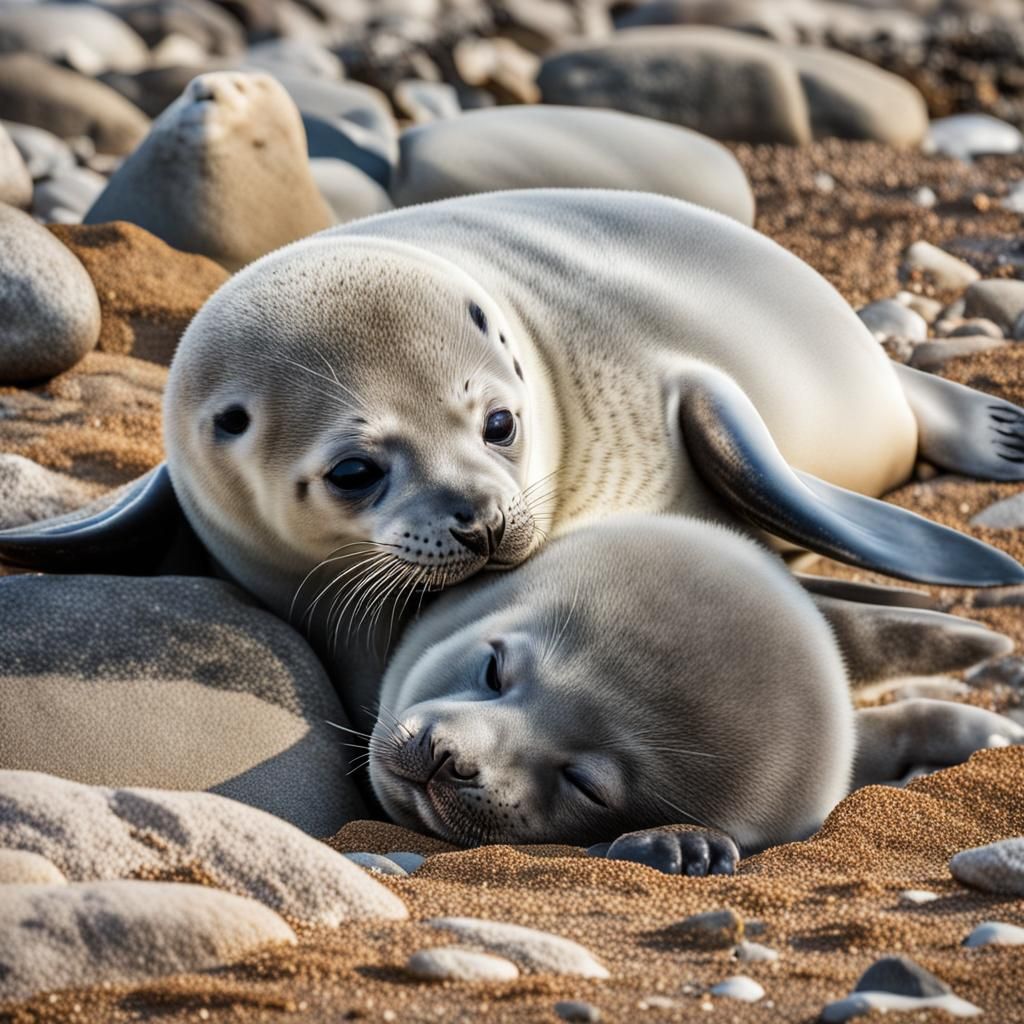 Newborn Seal Pup Napping Beside Mother