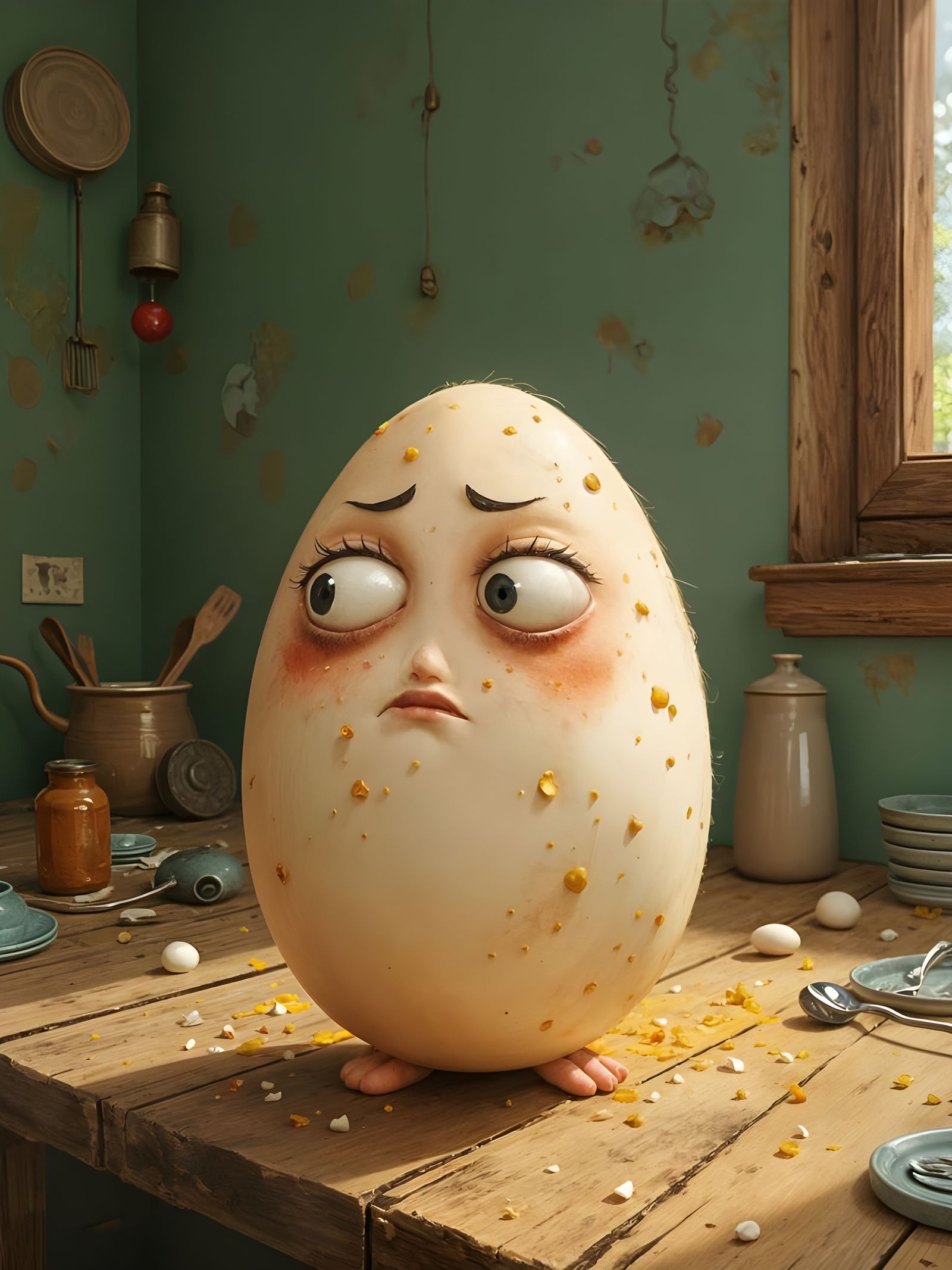 Sorrowful Egg in Whimsical, Watercolor-Inspired Portraiture