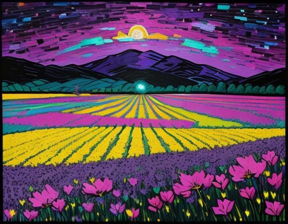 Neon Flower Field at Night as Impasto Painting