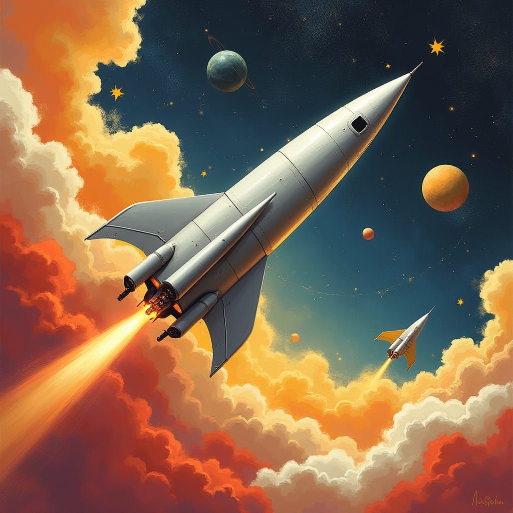 Silver Rocket in Abstract Outer Space Art