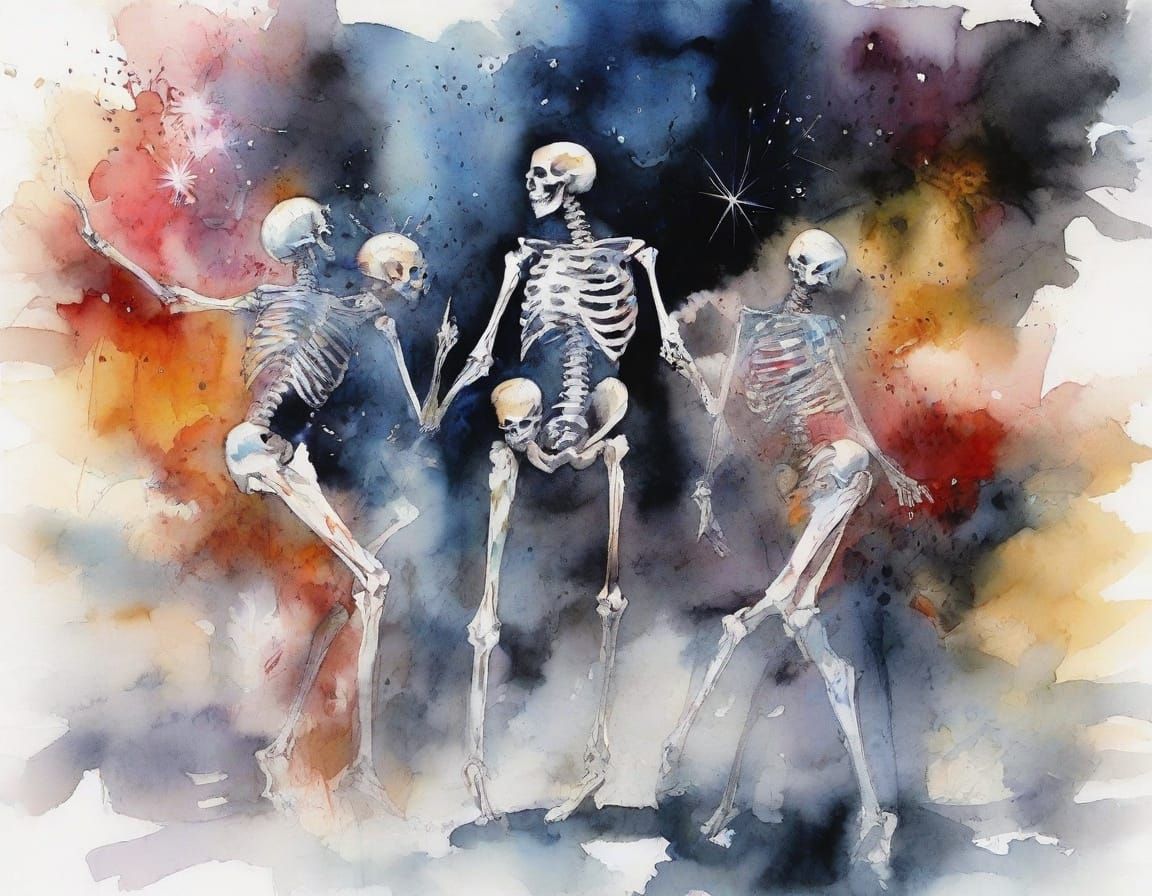Skeletons Dance Under New Year Fireworks