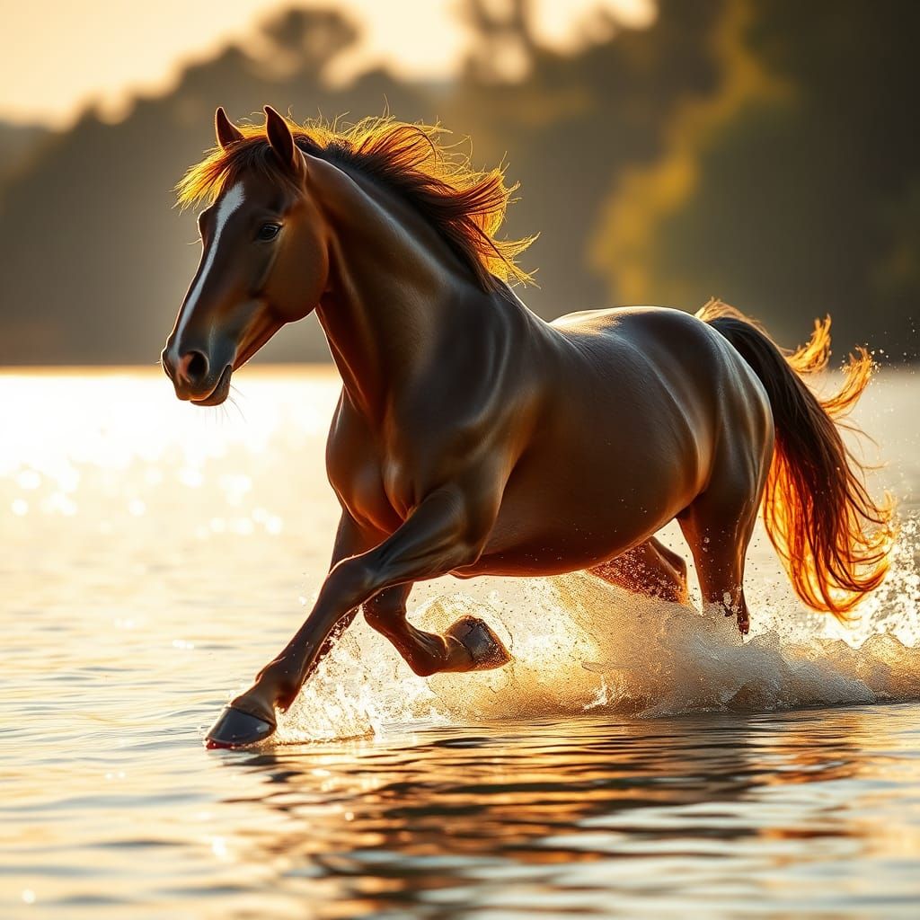 Majestic Quarter Horse Galloping Through Lake, Hyperrealism ...