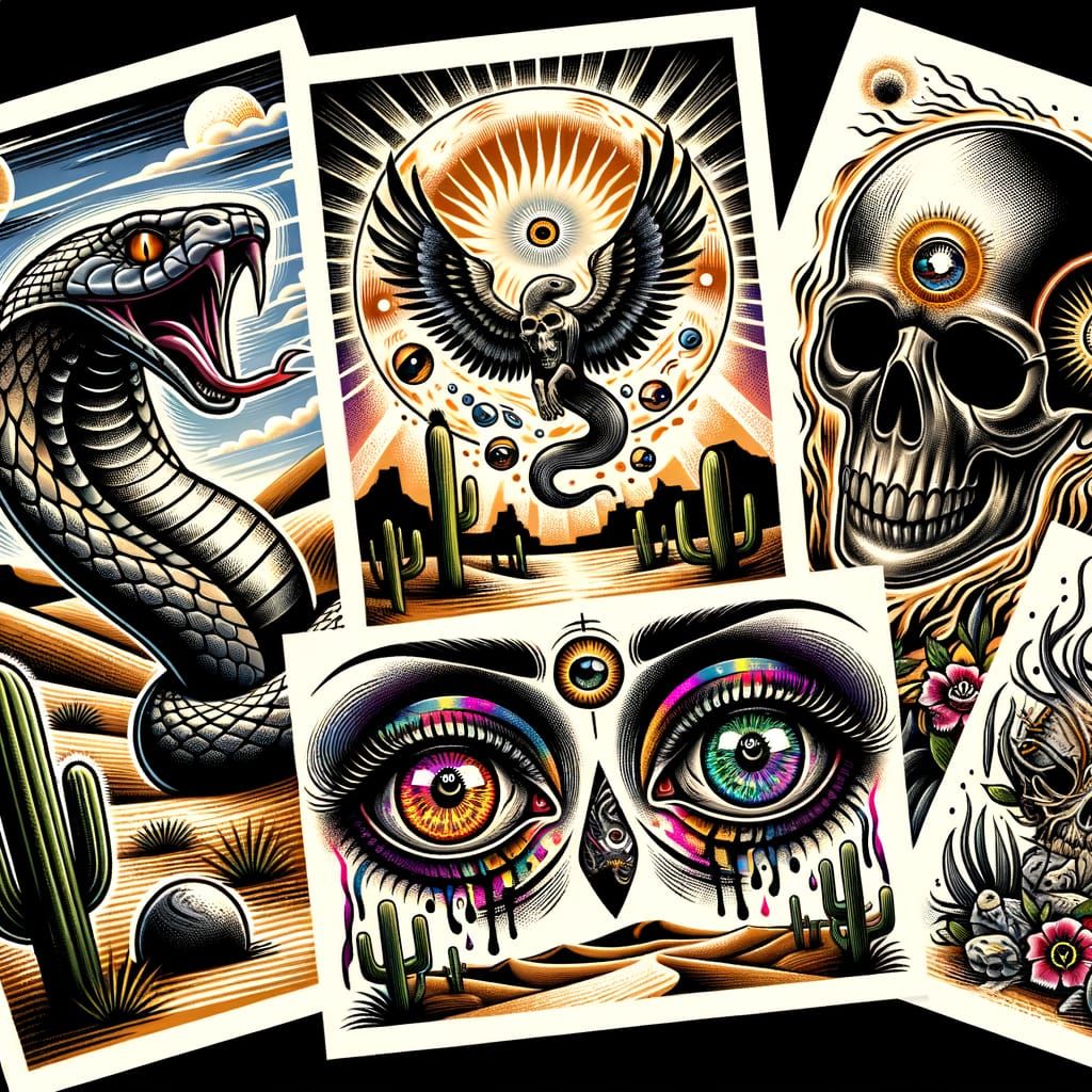 Flash Tattoo Sheet with Snake, Skull, and Eyes