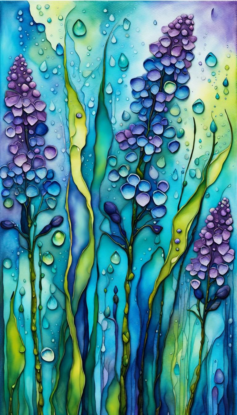 Alcohol Ink (abstract earthy scheme:1.2)  chartreuse and teal and indigo blue, raining rainbow dewdrops, has height, wid...