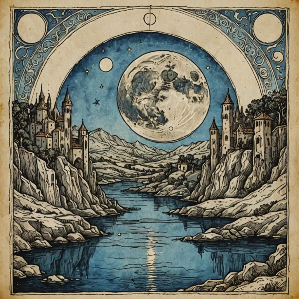 The Moon Tarot Card in Renaissance Style