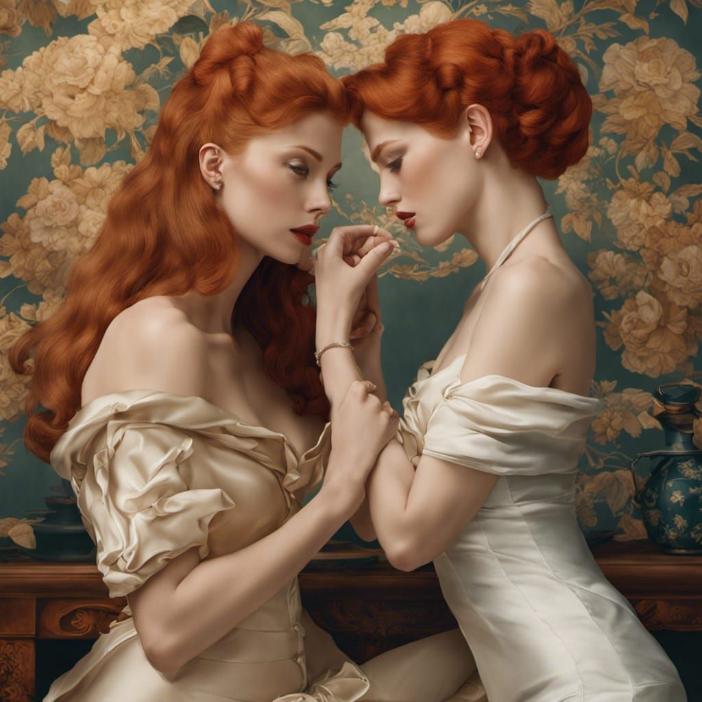 Redhead Women's Playful Fight in Detailed Matte Painting