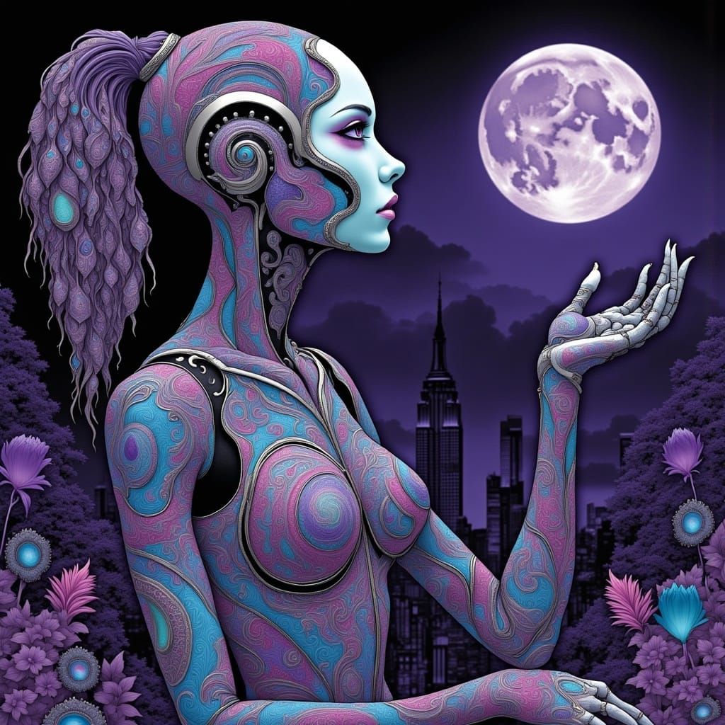 Cyborg Goddess Under Paisley Moonlight