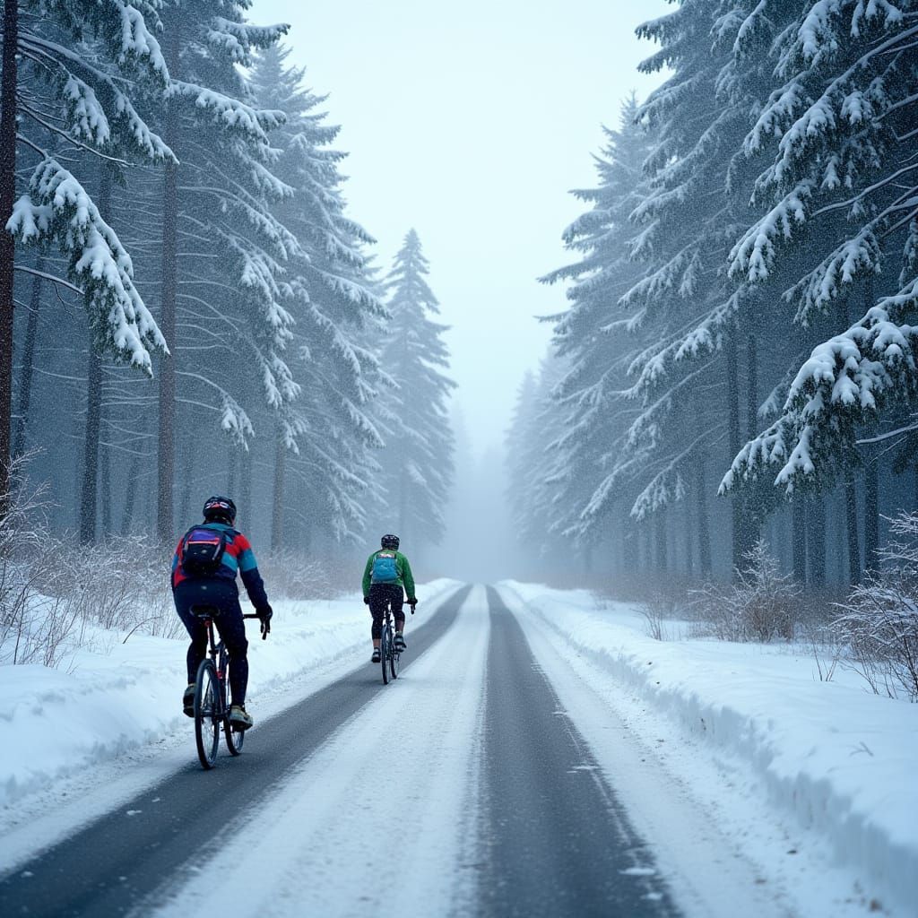 Winter Wonderland Forest Road in Cyberpunk Aesthetic