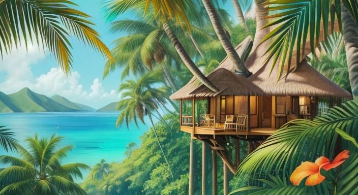 Red Panda's Tropical Island Treehouse in Watercolor