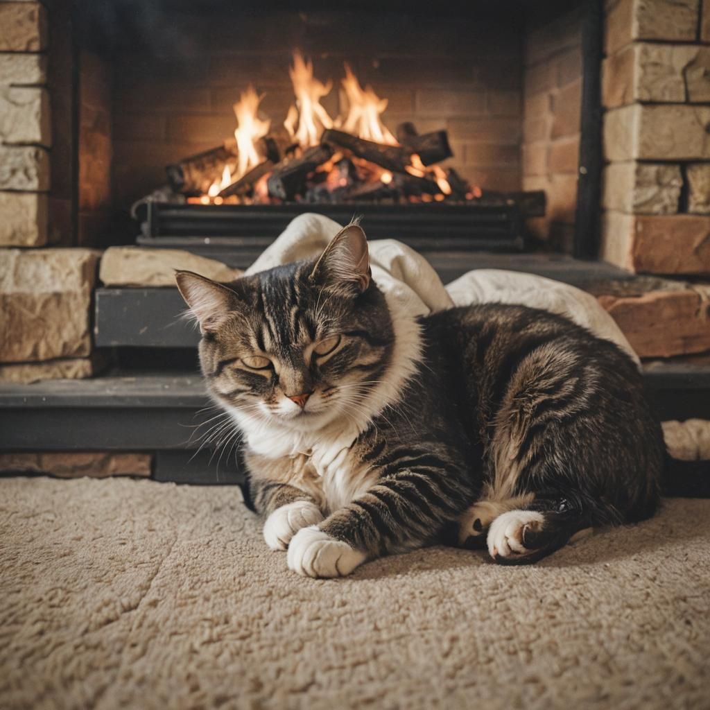 Cat Nap: Cozy Fireplace Scene