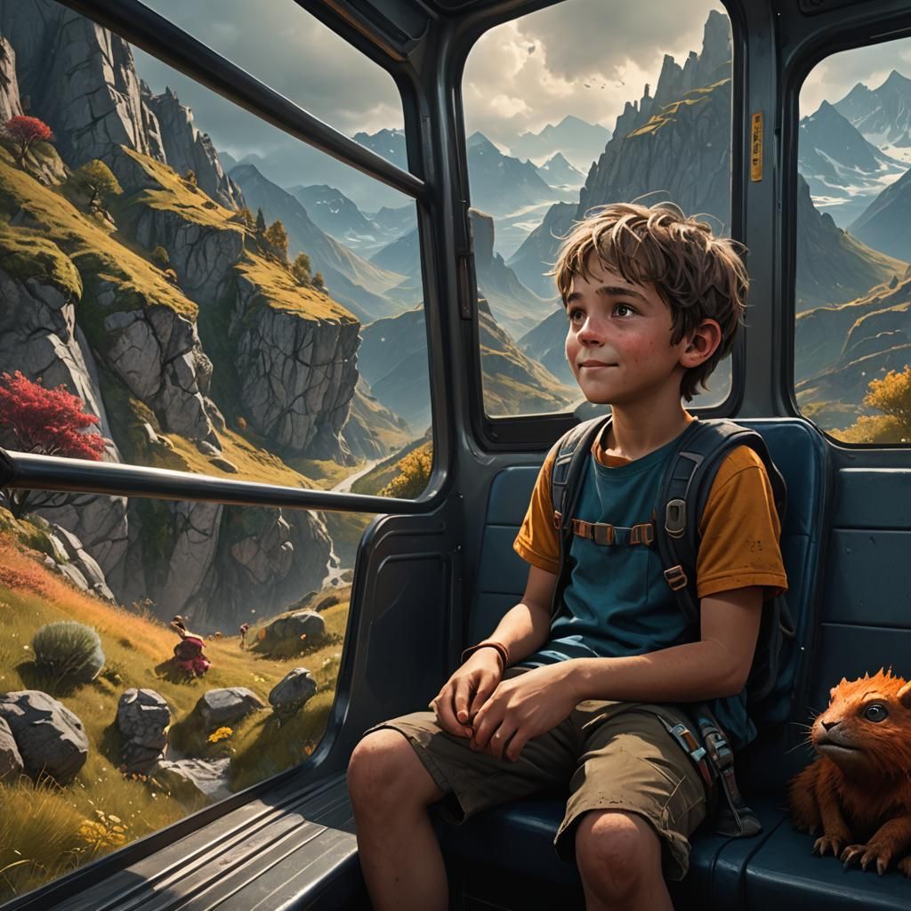 Happy Boy on Bus in Detailed Fantasy Landscape