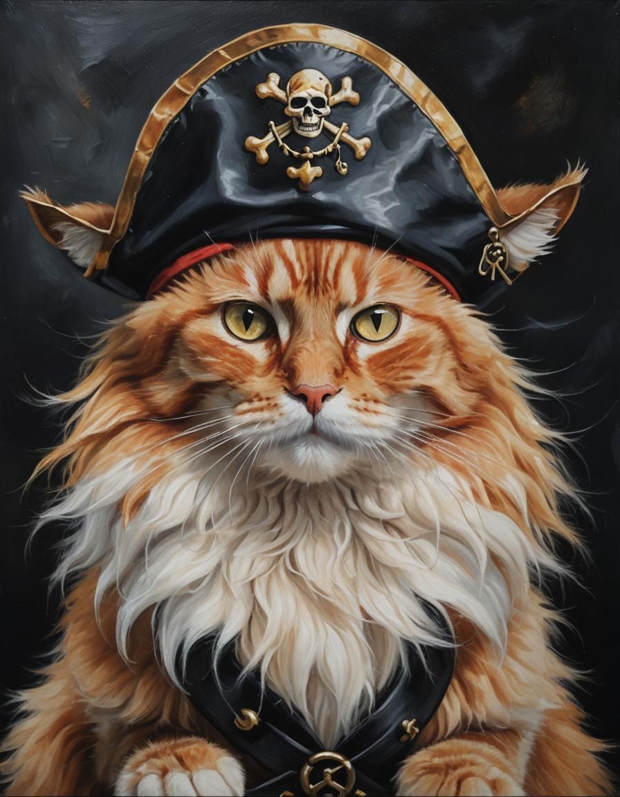 Ginger Cat Pirate Portrait in Oil Painting Style