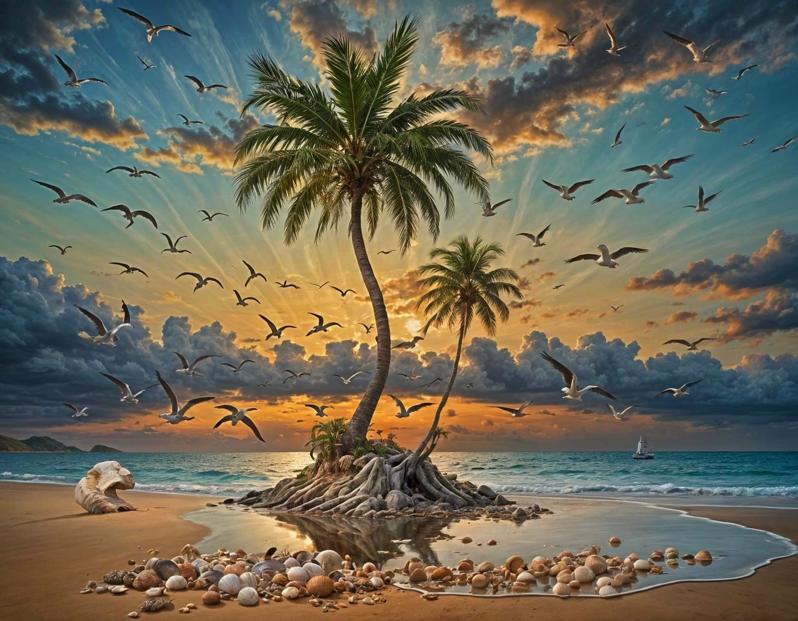 Surreal Palm Island at Sunset: Hyperrealistic Digital Art