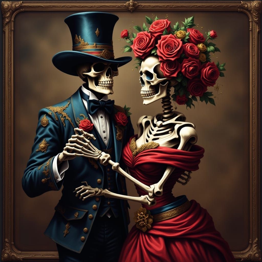 Day of the Dead Skeletons Dancing in Ballroom
