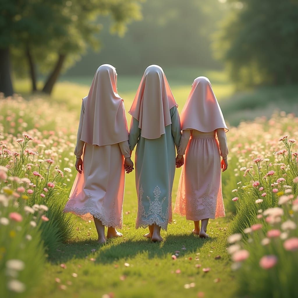 Muslim Family in Meadow: Artgerm and Mucha Style