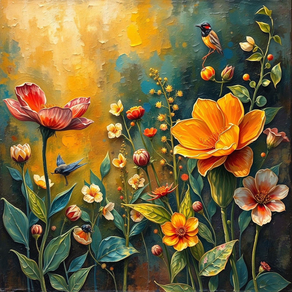 Dreamlike Encaustic Garden Scene with Vibrant Flora