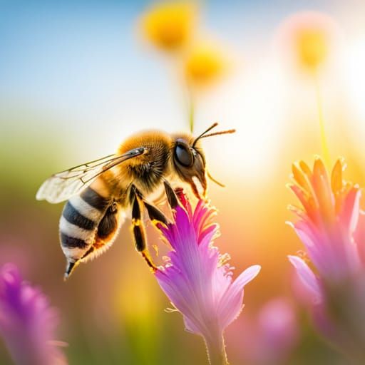 Bee in Wildflower Field at Sunrise: Macro Photography