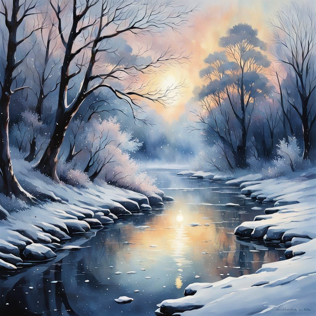 Ethereal Frosty Landscape in Watercolor