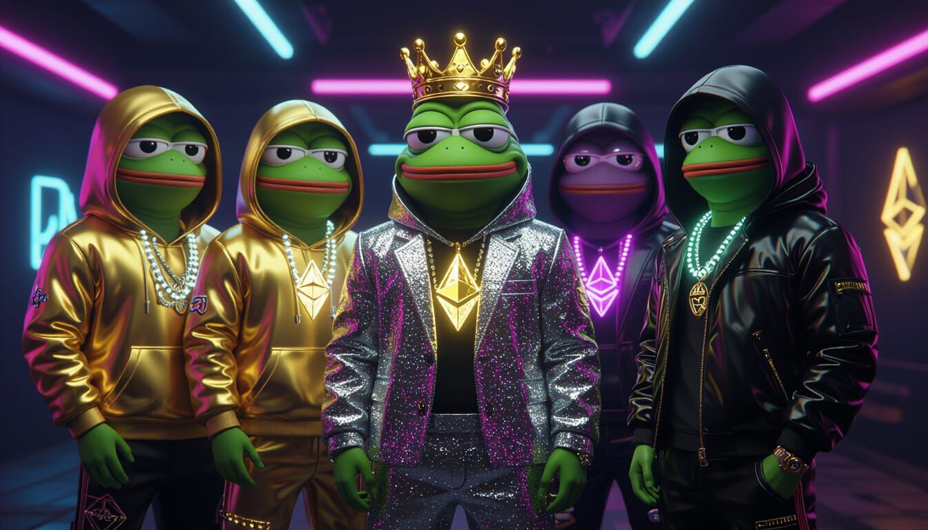 NFT Pepe Squad in Futuristic Neon Cityscape