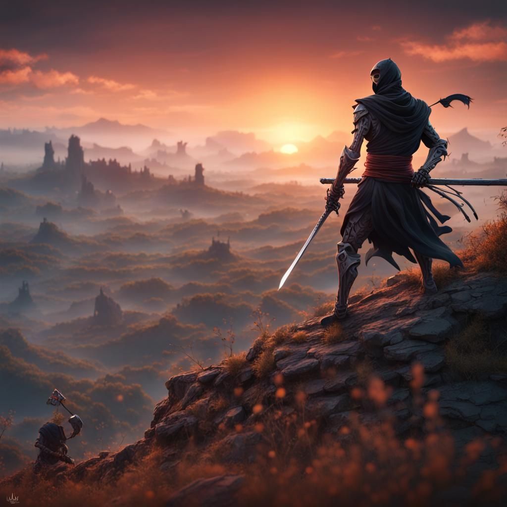 Ninja vs Skeleton at Sunset: Fantasy Concept Art