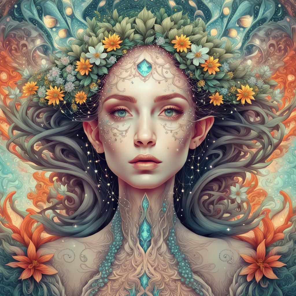 Dreamlike Female Elf in Cosmic Kaleidoscope