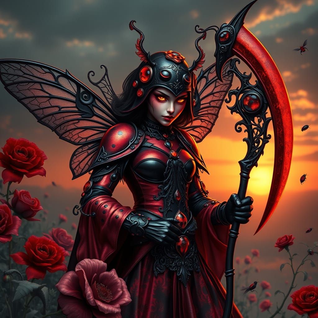 Majestic Dark Fantasy Ladybug Queen in Neon Noir Style